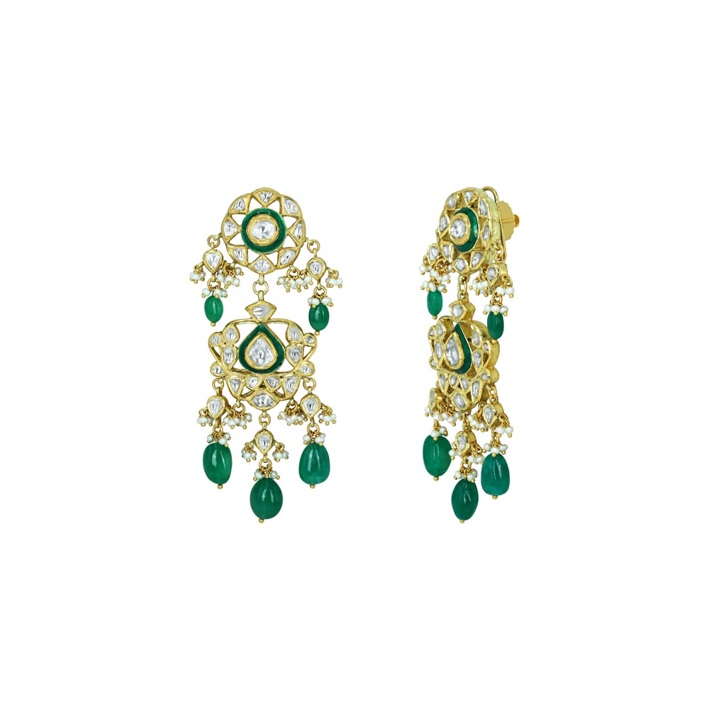 Pear Shaped Polki Earrings with Emerald Drops and Cascading Design